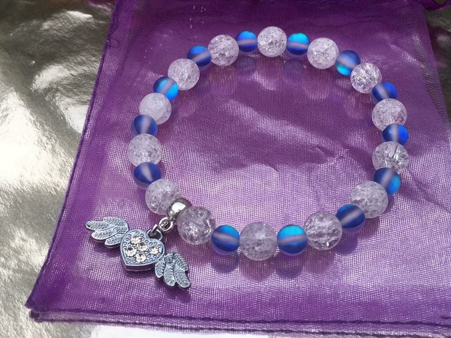 Clear Quartz & Blue Moonstone Healing Heart Angel Wing Rhinestone Charm Bracelet