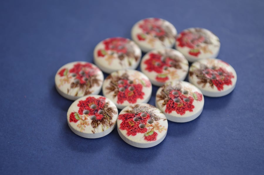 15mm Wooden Floral Buttons Red Green 10pk Flowers (SF18)