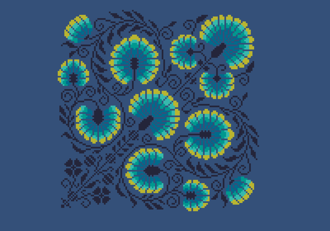 105B - Cross Stitch Pattern Beautiful Peacock Flowers, Gemstone Forest on Navy