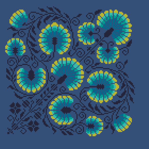 105B - Cross Stitch Pattern Beautiful Peacock Flowers, Gemstone Forest on Navy