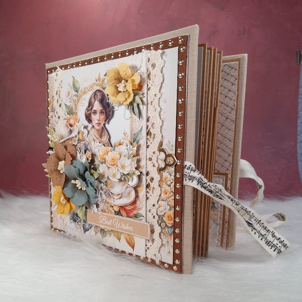 Vintage Handmade Scrapbook Album Holds 28 Photos. Floral & Lace Design