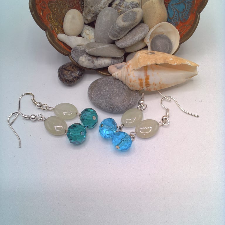 Earrings with White Opaline Bead and A Crystal Rondelle, Gift for Her, Earrings 