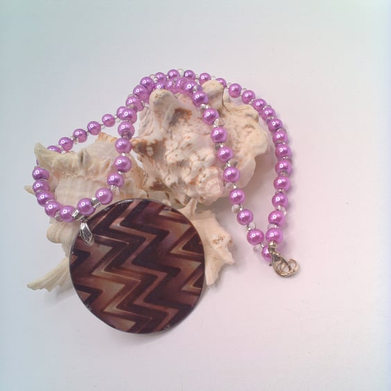 Perfectly Imperfect, Maroon Shell Pendant on a Lilac Pearl & Bead Necklace