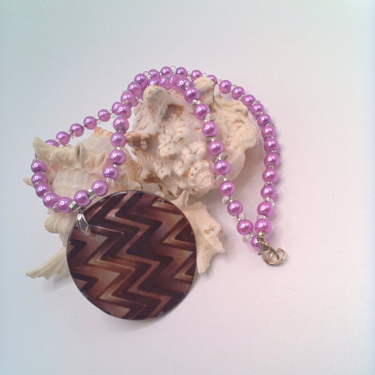 Maroon Chevron Pattern Shell Pendant on a Lilac Pearl and Bead Necklace