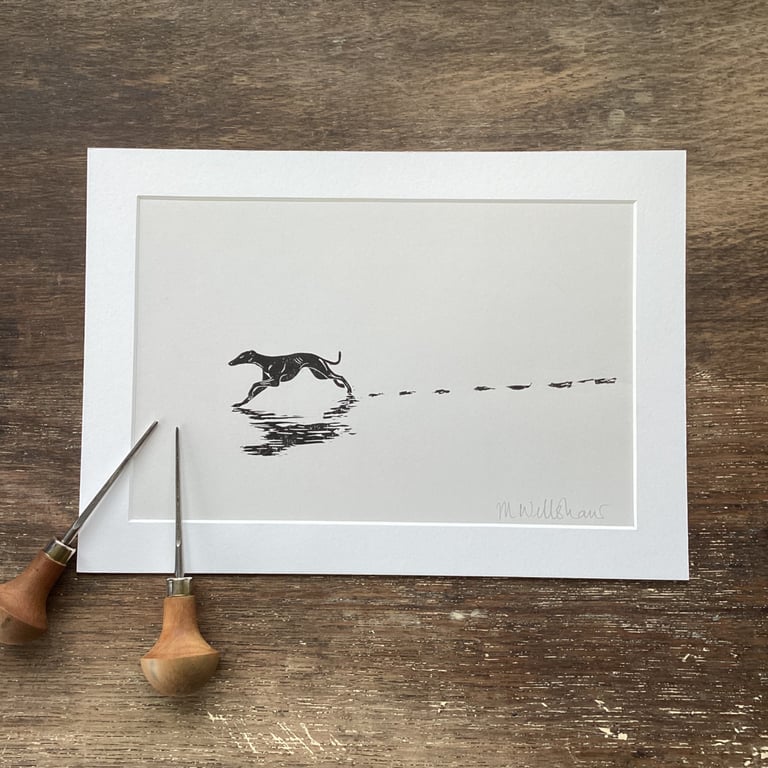 Black Sighthound Lino Print - Greyhound, Whippet, Galgo, Lurcher, dog dad