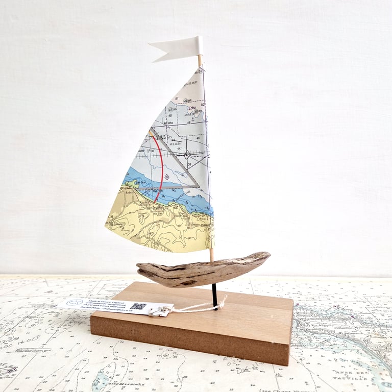 Yorkshire - Saltburn-by-the-Sea driftwood sailboat, authentic nautical map sail