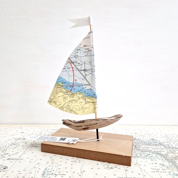 Yorkshire - Saltburn-by-the-Sea driftwood sailboat, authentic nautical map sail