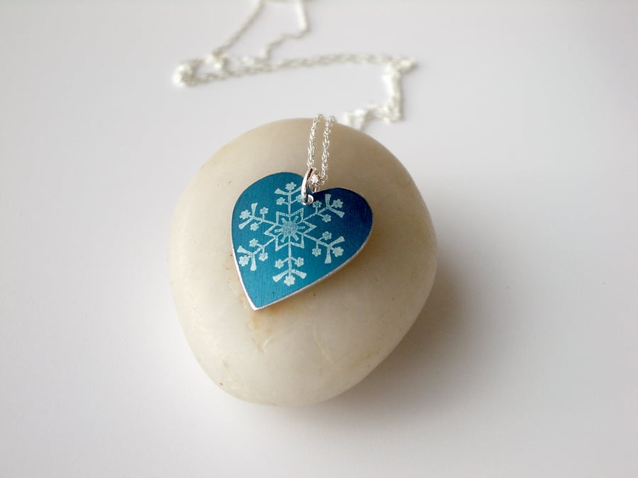 Christmas snowflake heart pendant in teal blue 