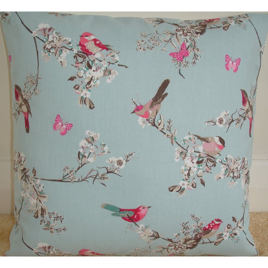 Cushion Cover Bird Butterfly and Blossom 16" Duck Egg Blue 16x16 Pink