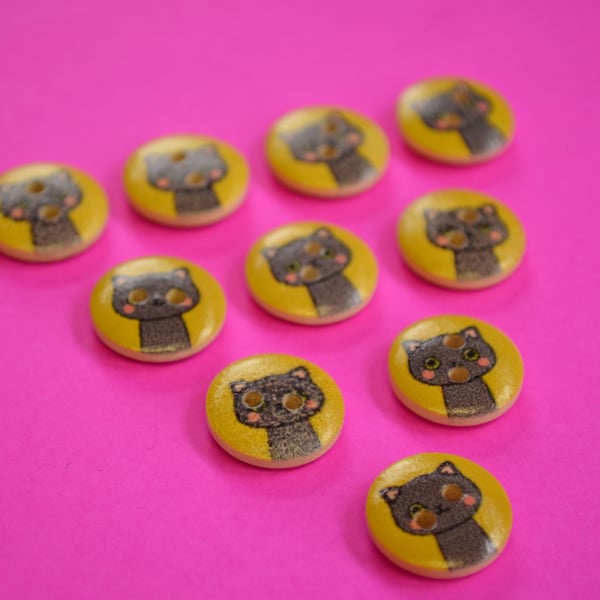 15mm Wooden Cat Buttons Yellow Grey 10pk Pussy Kitten Kitty (SCT10)