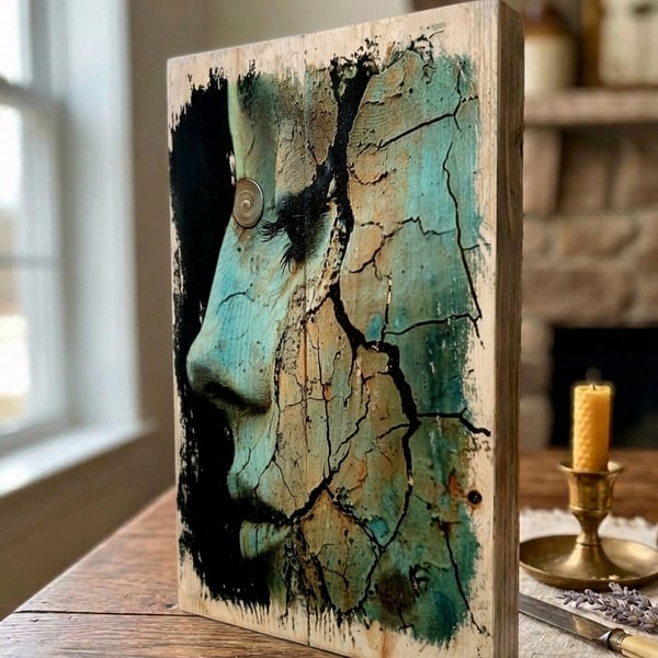 Teal Wall Art, Surrealist Face Profile, Patina Wood Block, Photo Transfer Art
