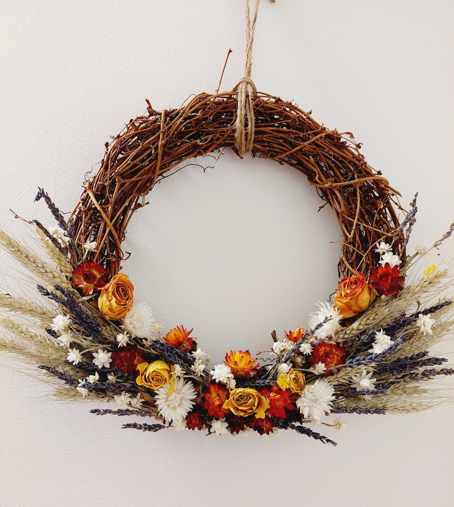 Helichrysum Cape Snow, Rose & Ammobium Country Style Dried Flower Wreath