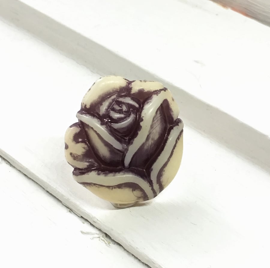 Beautiful purple and off white rose design adjustable ring