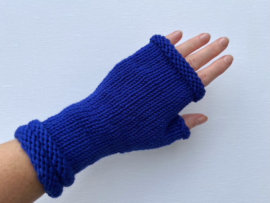 Fingerless Gloves Wrist Warmers Merino Wool Blue