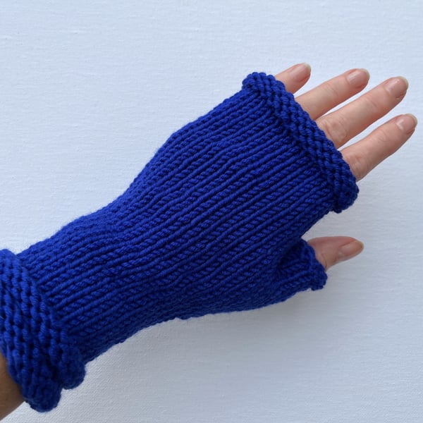 Fingerless Gloves Wrist Warmers Merino Wool Blue