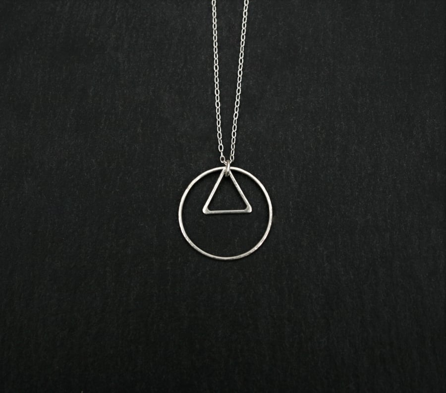 Circle & Triangle Necklace, Dainty Sterling Silver Pendant, Handmade