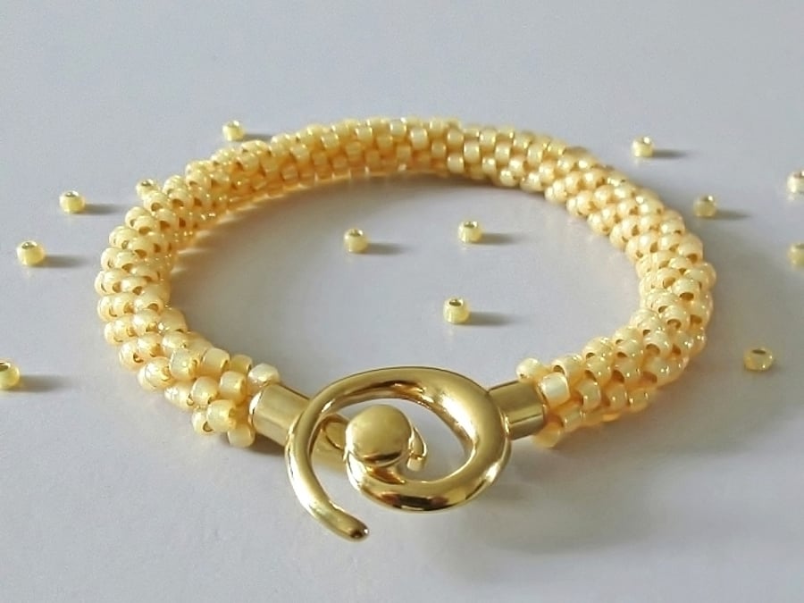 Frosted Glowing Golden Wheat Yellow Beaded & Braided Kumihimo Fashion Bracelet