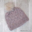 Oatmeal, brown marl ladies swirl pom pom hat. Crochet hat. Ladies hat.