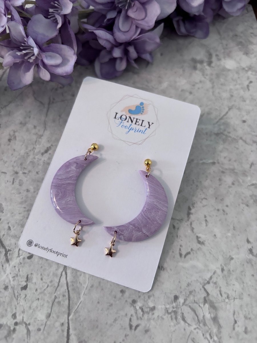 Lilac Crescent Moon Polymer Clay Earrings with Star Charms - Lightweight 