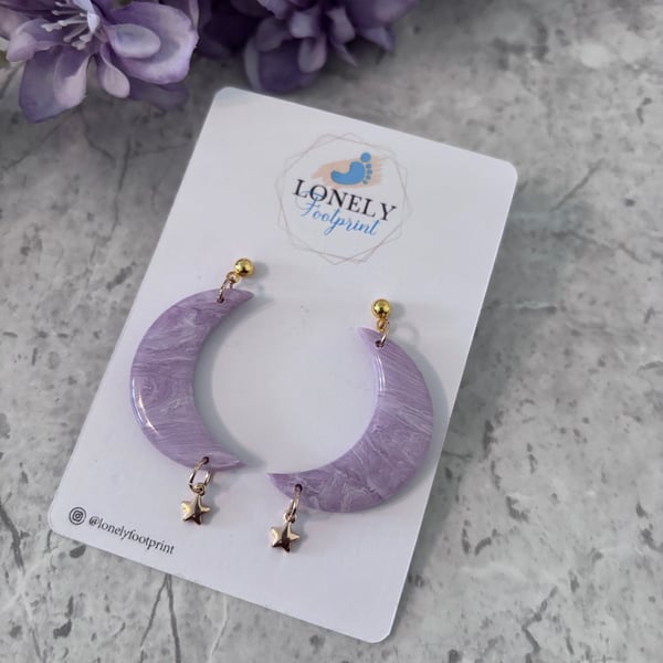 Lilac Crescent Moon Polymer Clay Earrings with Star Charms - Lightweight 