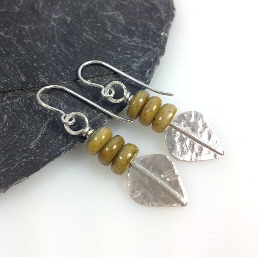 Silver and mustard shell spear earrings