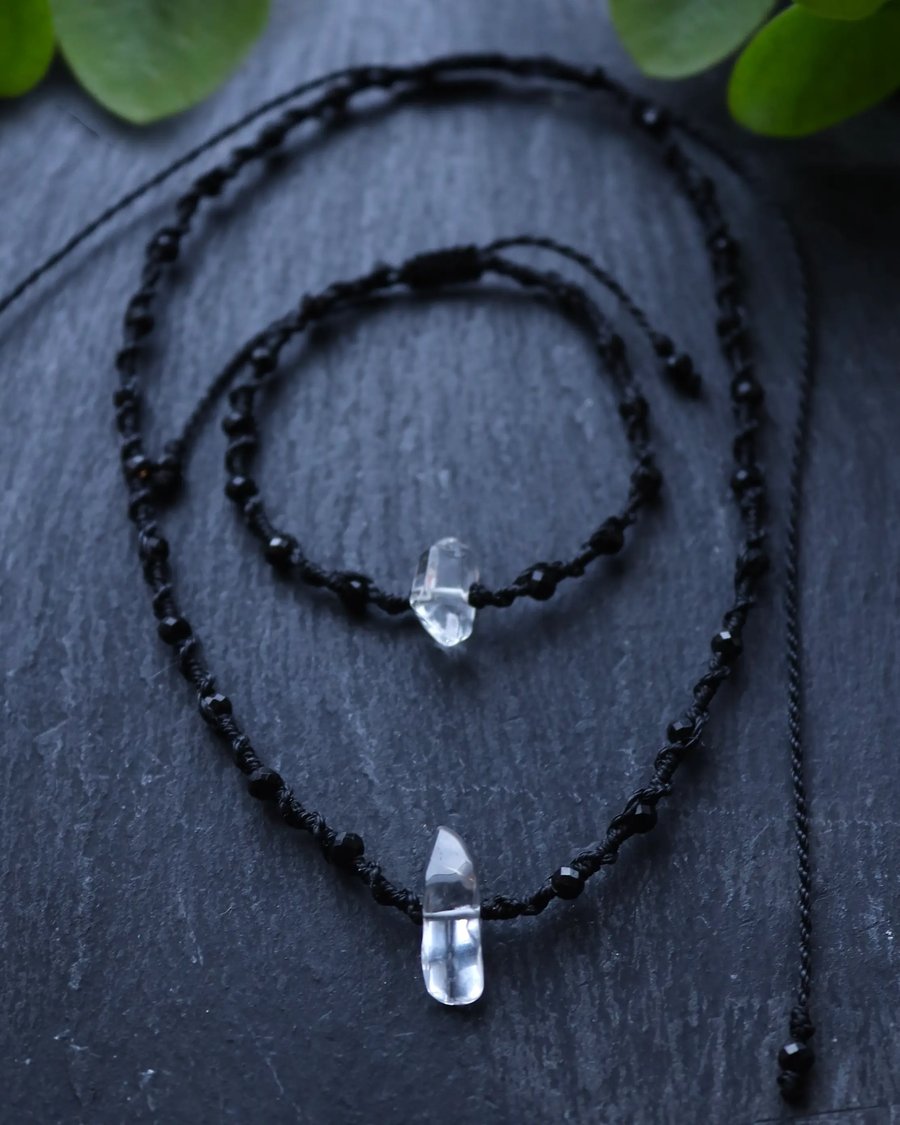 Jewellery set bracelet and choker necklace with tourmaline and clear quartz 