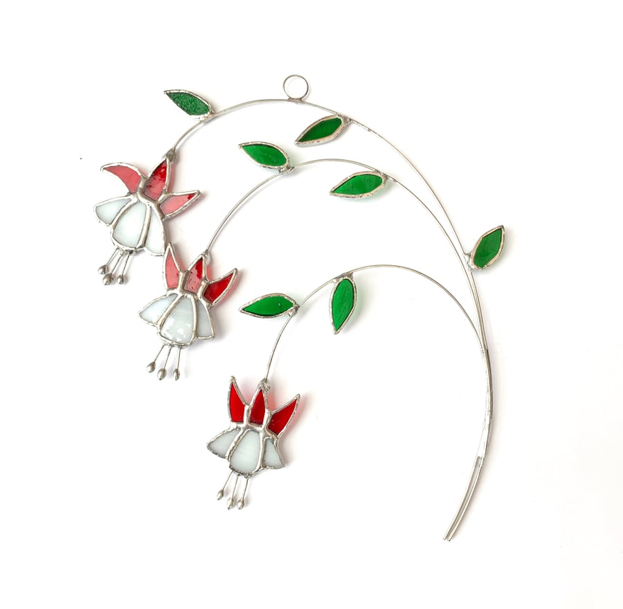 Stained Glass Fuchsia Suncatcher - Handmade Hanging Decoration - Red and White