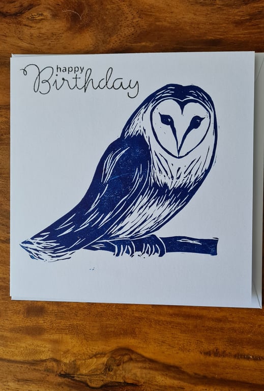 Blue owl birthday card handprinted linocut