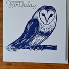 Blue owl birthday card handprinted linocut