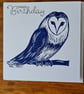 Blue owl birthday card handprinted linocut