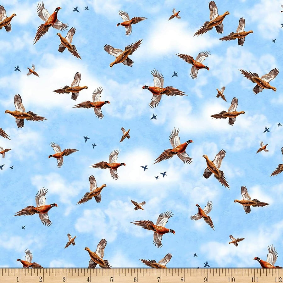 Fat Quarter Pheasant Fields Pheasants In Flight 100% Cotton Quilting Fabric-Blue