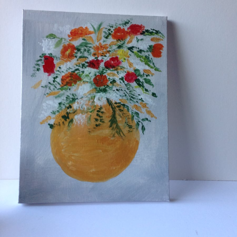 Acrylic painting gold bowl of flowers