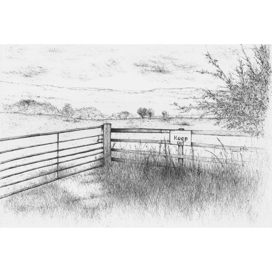 'Keep Out' Landscape Art Print Limited Edition From Pen Drawing