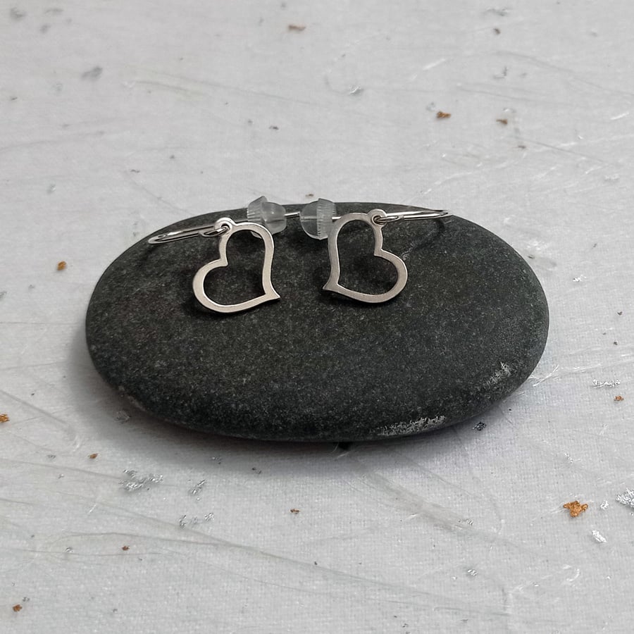 Recycled sterling silver open heart earrings – handmade drop earrings 