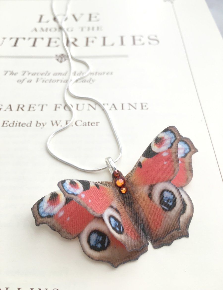 Silk Peacock Butterfly Necklace with Swarovski Crystals