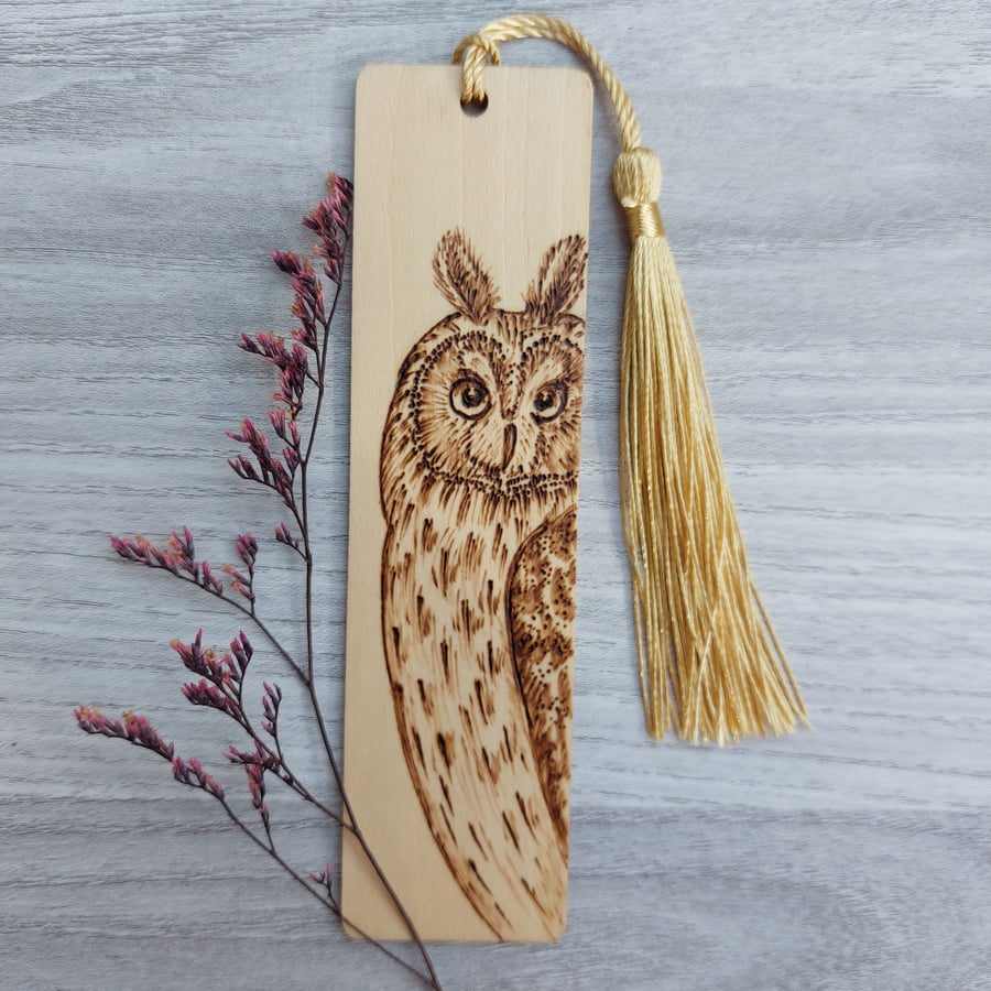 Long Eared Owl Pyrography Wood Bookmark. Unique Gift for nature Lovers.