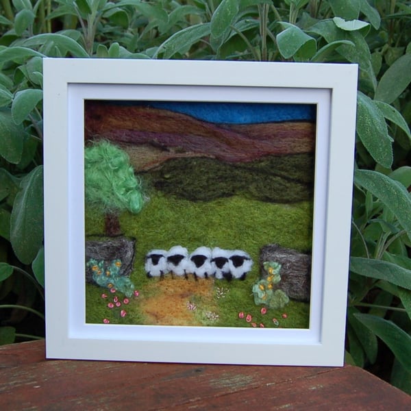 Five sheep stonewall wool painting.  Needlefelt picture with hand embroidery