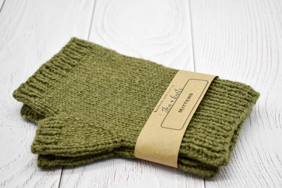 SOLD - Hand Knitted Fingerless mittens - Khaki Green - Medium