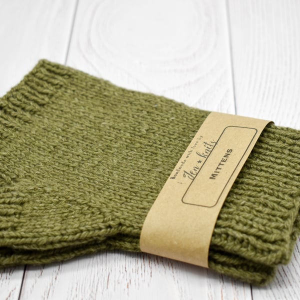 Hand Knitted Fingerless mittens - Khaki Green - Medium