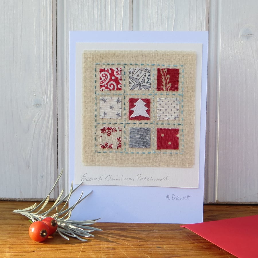 Scandi Christmas Patchwork hand-stitched card with tiny applique tree 