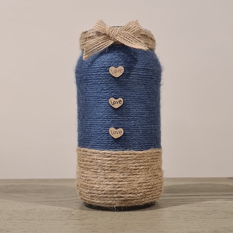 Handmade Rustic Gunmetal Grey Yarn Wrapped Jar With Love Heart Decorations