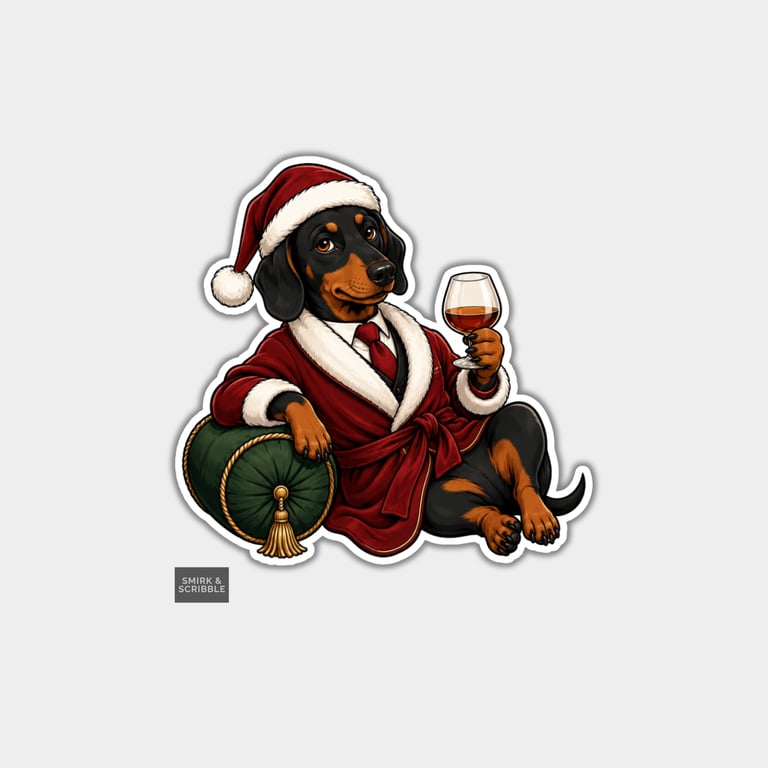 Funny Christmas Sticker Vinyl Xmas Decal For Adults - Dachshund Dog In Robe