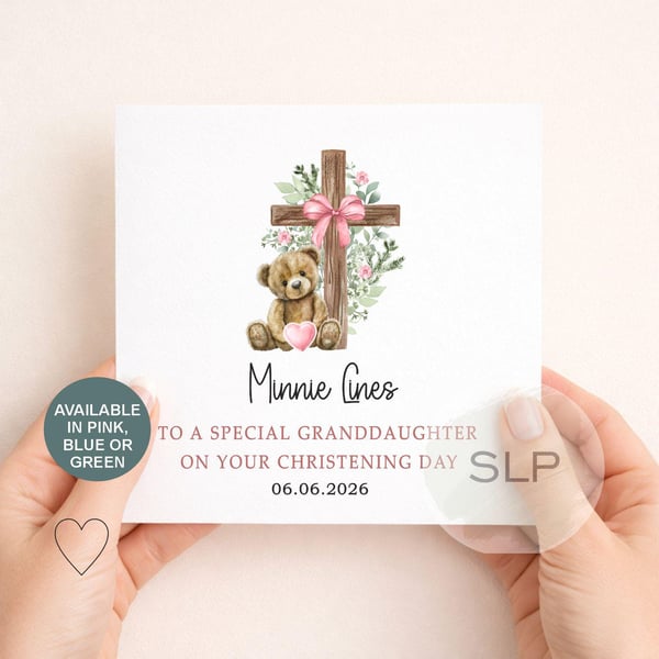 Personalised Christening Card Teddy Bear & Cross Baptism Card Grandaughter