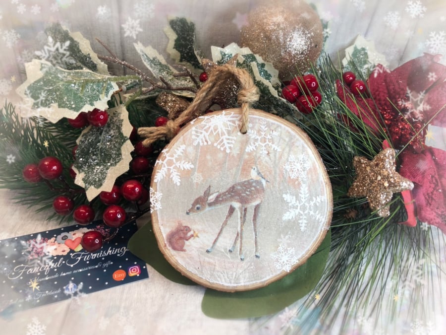 Deer Fawn and Squirrel rustic log slice Christmas tree decoration
