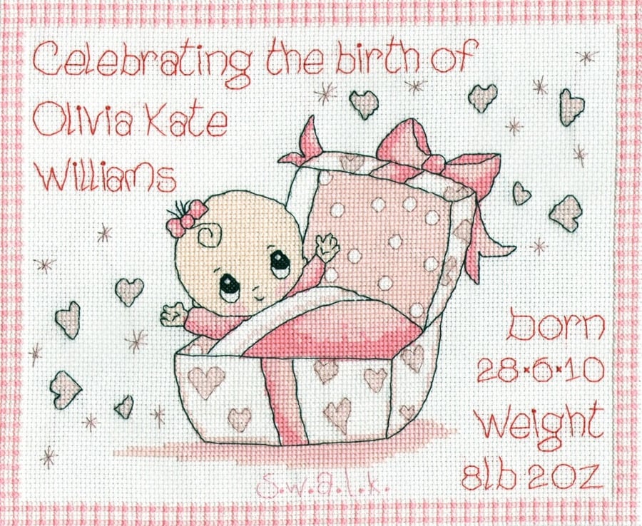 SWALK - lovely birth sampler with baby girl in pink crib cross stitch kit.