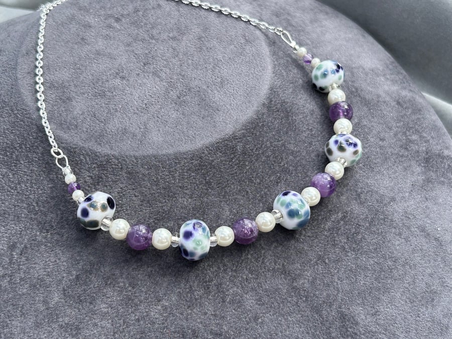blue grey purple on white spotted lampwork glass beaded and amethyst necklace