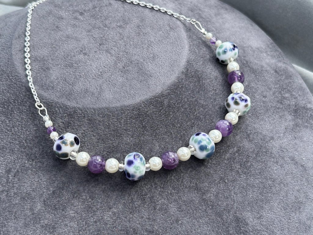 blue grey purple on white spotted lampwork glass beaded and amethyst necklace
