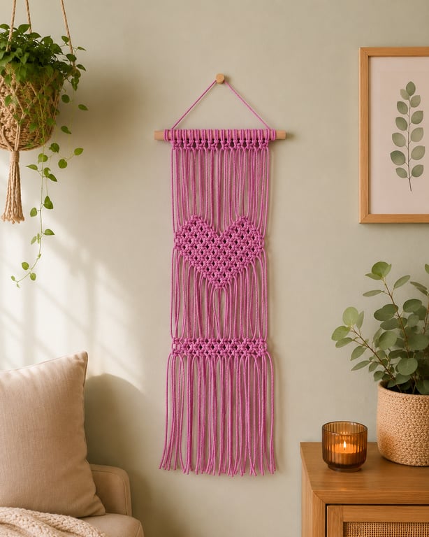 Pink Heart Macrame Wall Hanging.