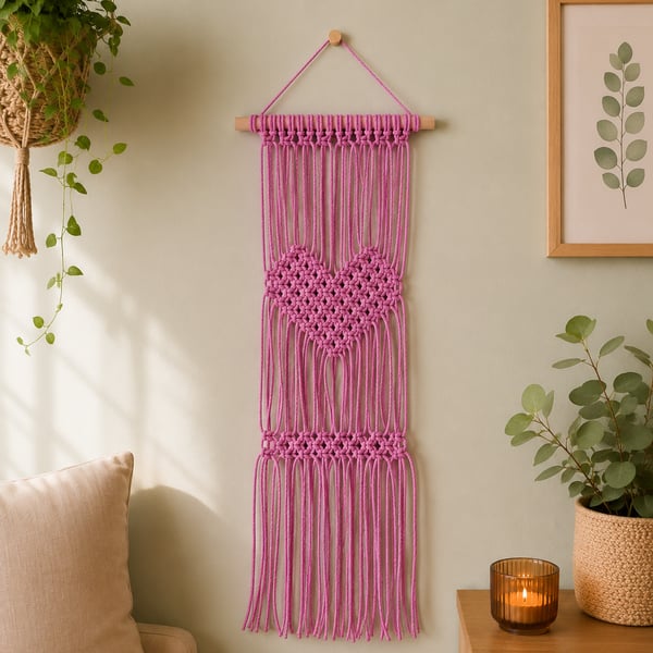 Pink Heart Macrame Wall Hanging.