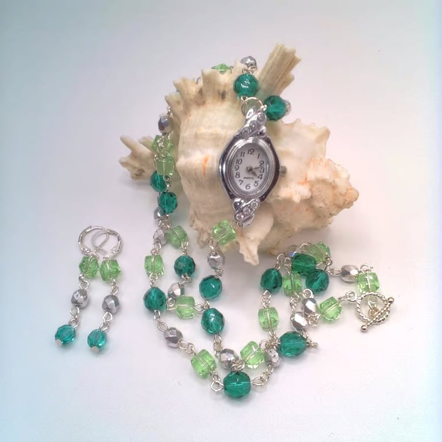 Green Crystal Glass Bead and Silver Bead Fob Watch and Earrings, Gift for Her